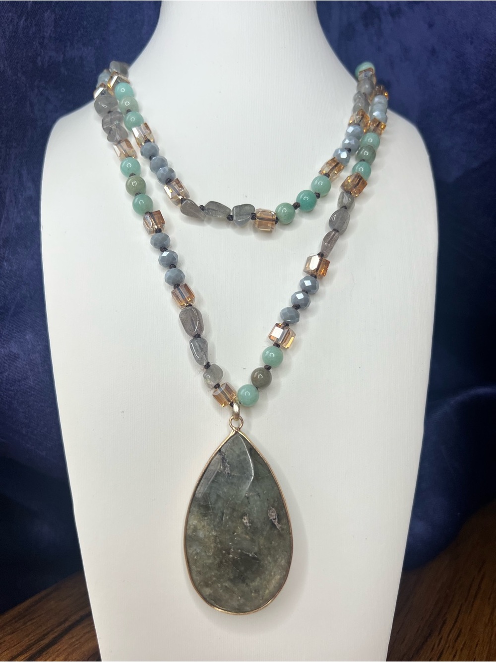 Labradorite, Amazonite, and CZ Cubes with Labradorite Teardrop Pendant NWOT